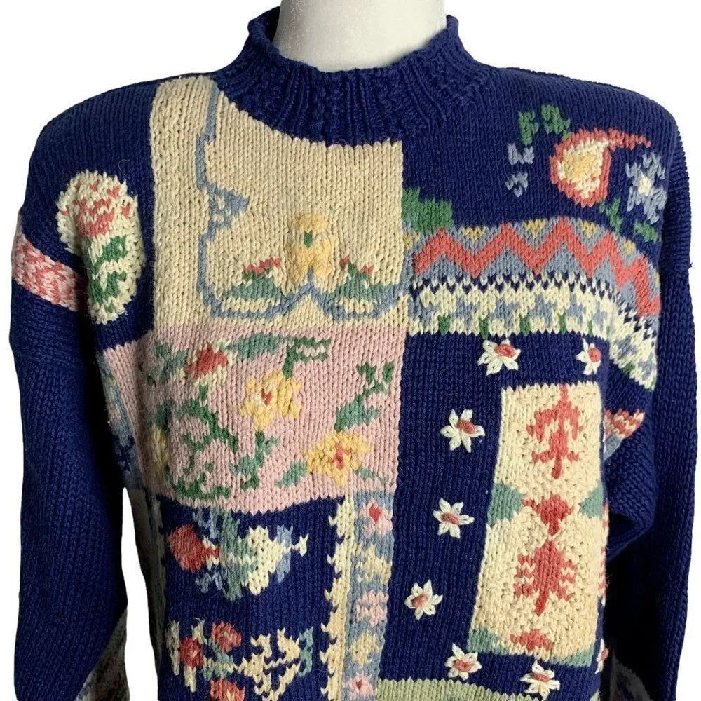 Vintage Embroidered Cable Knit Sweater S Blue Floral High Neck Granny Core